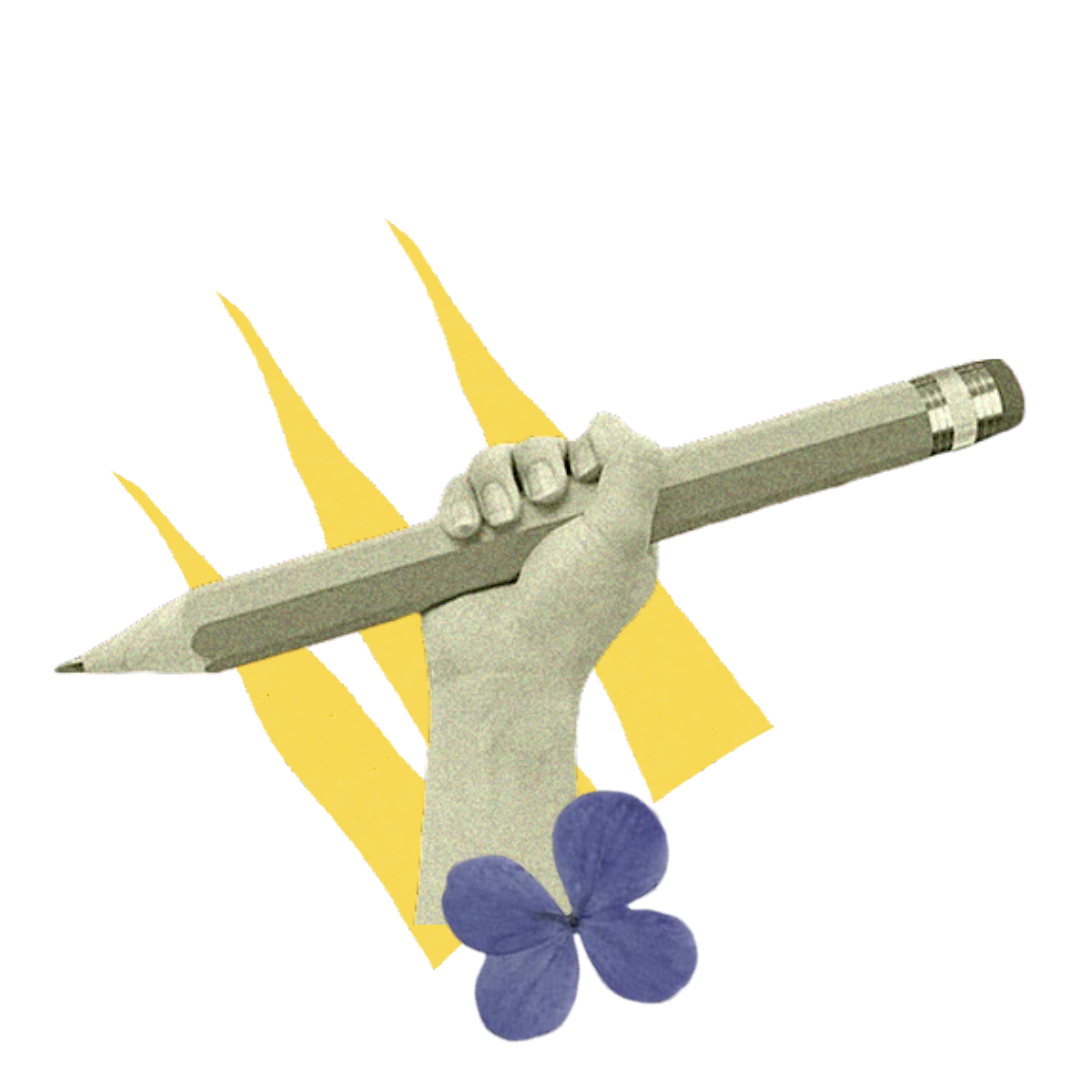 collage featuring a three yellow flairs, a purple flower, and hand holding an oversized pencil