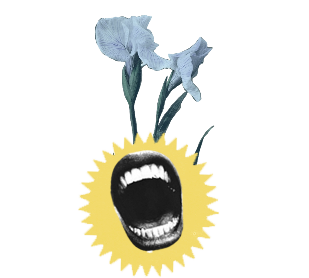 collage featuring blue flowers, a yellow blast and a wide open mouth
