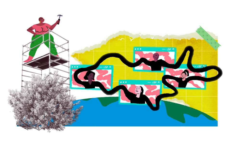 Collage featuring a black woman holding a hammer standing on scaffolding, and a cartoon of four people of different ethnicities and genders connecting their long arms between computer screens, above a globe