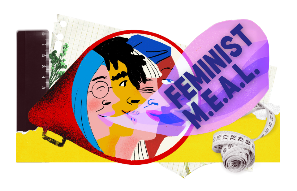 Collage featuring a megaphone of feminist evaluators saying 