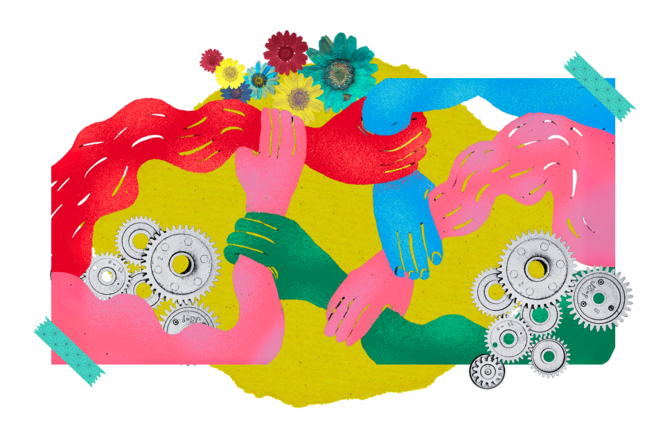 Collage featuring arms of different colours holding each other in support above multiple machine cogs to illustrate supporting movements.